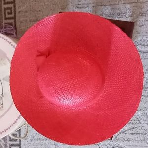 Red wide brim straw hat